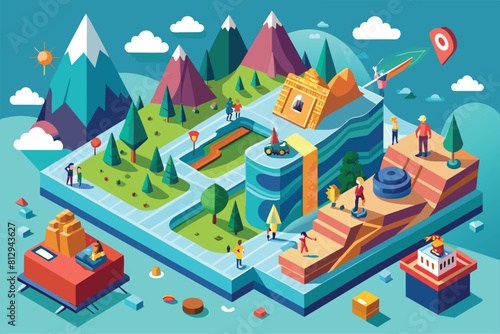Isometric illustration showing people standing on a map, Journey Customizable Isometric Illustration