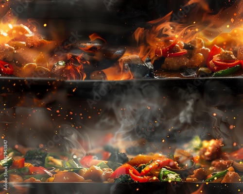 Craft a visually striking composition depicting a sizzling stir-fry in a dynamic, abstract style reminiscent of a digital CG rendering, focusing on the play of light and shadow