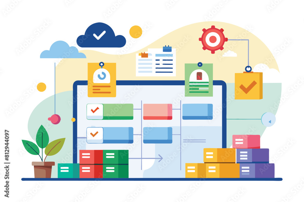 A computer screen showing a variety of folders organized for efficient access and storage, Kanban method Customizable Semi Flat Illustration A computer screen showing a variety of folders organized for efficient access and storage, Kanban method Customizable Semi Flat Illustration