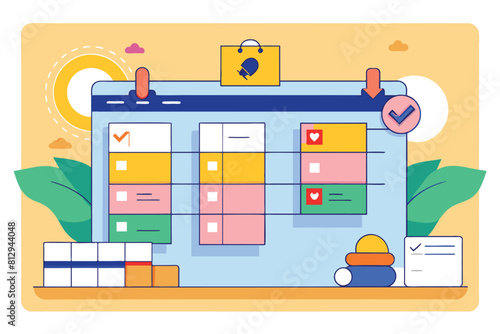 A computer screen filled with a diverse array of icons representing different applications and functions, Kanban method Customizable Disproportionate Illustration