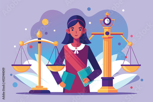 A woman standing next to a scale, holding a book, in a room, Justice Customizable Semi Flat Illustration
