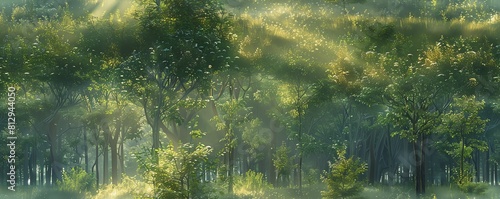 Depict a serene forest glade at dusk photo