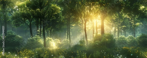 Depict a serene forest glade at dusk photo