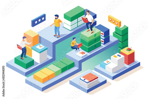 Diverse group of individuals standing around multiple stacks of books in a room, Kanban method Customizable Isometric Illustration
