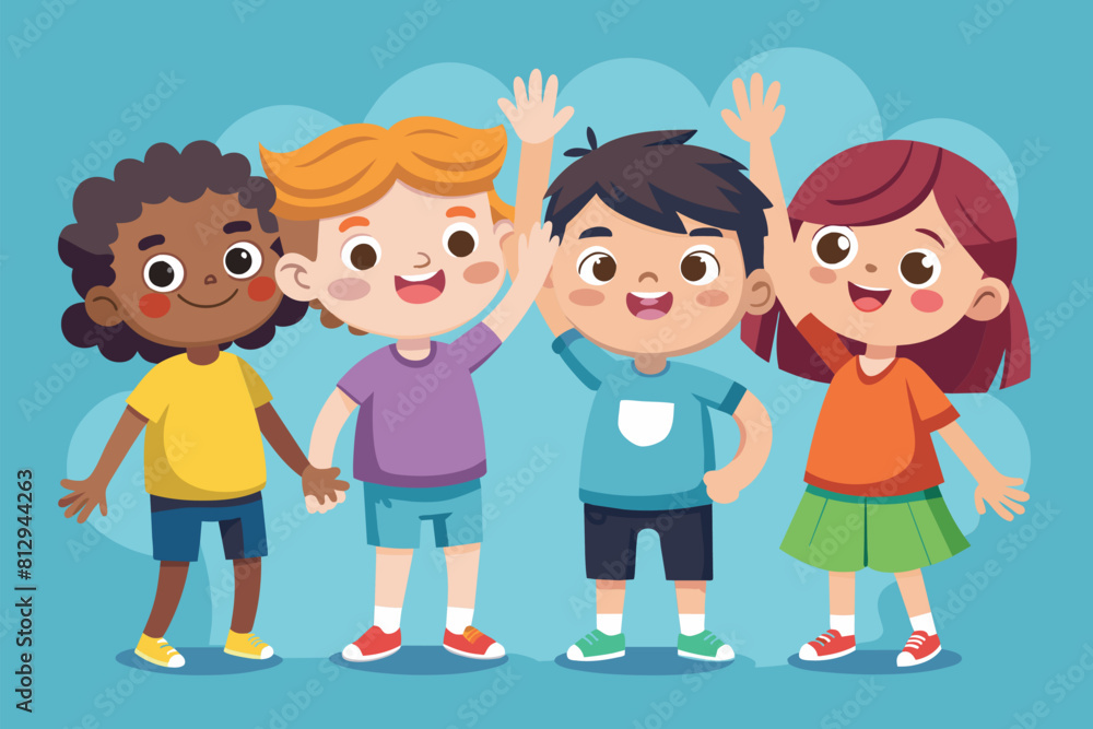 A diverse group of children standing next to each other, with some high-fiving and smiling, Kids high five Customizable Disproportionate Illustration