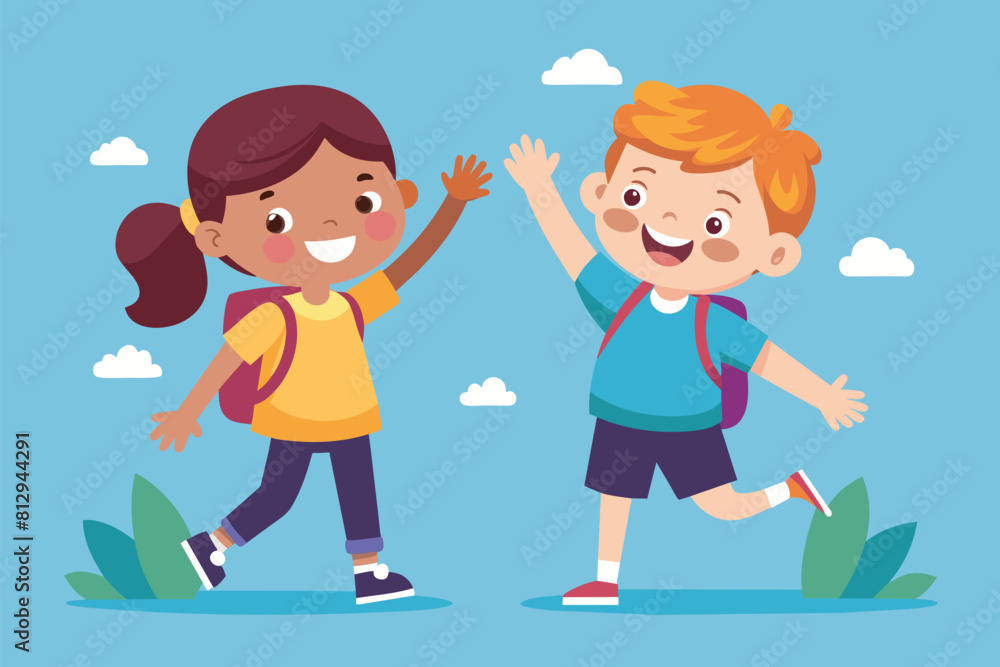 A boy and a girl energetically run side by side, smiling and having fun together, Kids high five Customizable Flat Illustration A boy and a girl energetically run side by side, smiling and having fun together, Kids high five Customizable Flat Illustration
