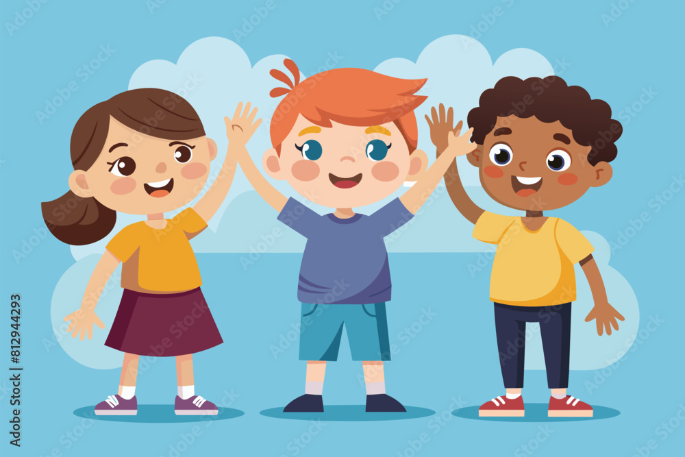 A diverse group of kids standing next to each other, showcasing unity and friendship, Kids high five Customizable Disproportionate Illustration