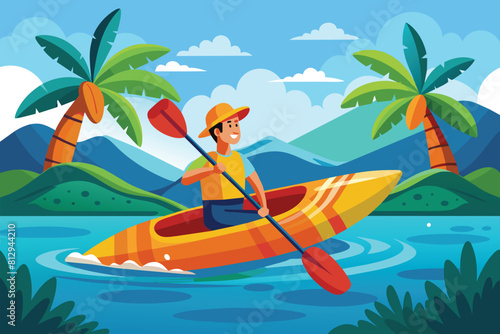 A man wearing a yellow hat is paddling a kayak on the water  Kayaking Customizable Semi Flat Illustration