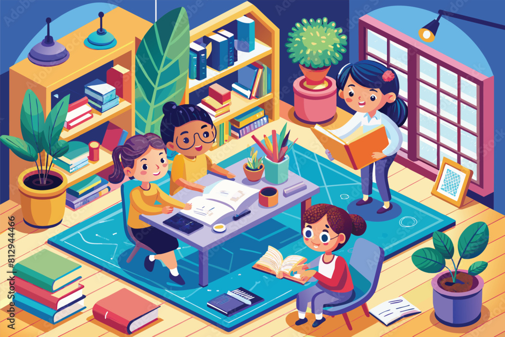 Various individuals gathered around a table indoors, engaging in conversation or activities, Kids studying from home Customizable Isometric Illustration Various individuals gathered around a table indoors, engaging in conversation or activities, Kids studying from home Customizable Isometric Illustration