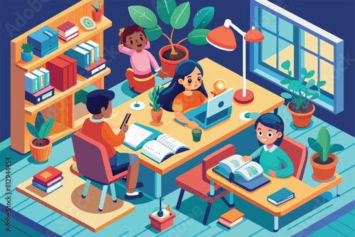 Diverse group of people sitting together around a table, engaged in conversation or meeting, Kids studying from home Customizable Isometric Illustration