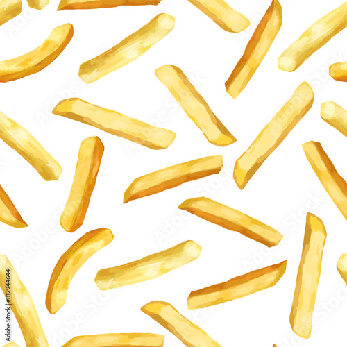 French fries. Seamless pattern with roasted potato chips in deep fat . Fry oil potatoes. Yellow sticks isolated on white background. Fast food. Unhealthy tasty food. Vector illustration