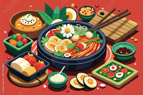 A bowl of food with chopsticks and an extra set of chopsticks beside it, Korean food Customizable Disproportionate Illustration