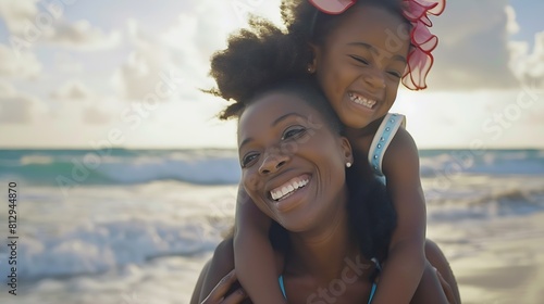 Happy black mother giving piggyback ride to her daughter at beach while laughing Close up of beautiful and carefree mom carrying on shoulders her kid Cute african little girl with bigg : Generative AI photo