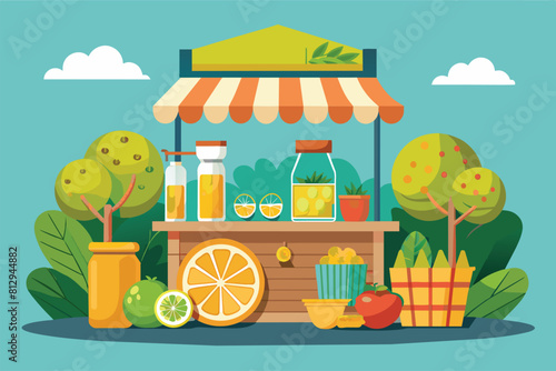 A fruit stand displaying oranges and lemons alongside freshly squeezed juice, Lemonade stand Customizable Disproportionate Illustration