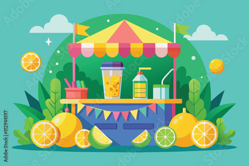 An illustration of a lemonade stand surrounded by lemons and oranges, Lemonade stand Customizable Disproportionate Illustration