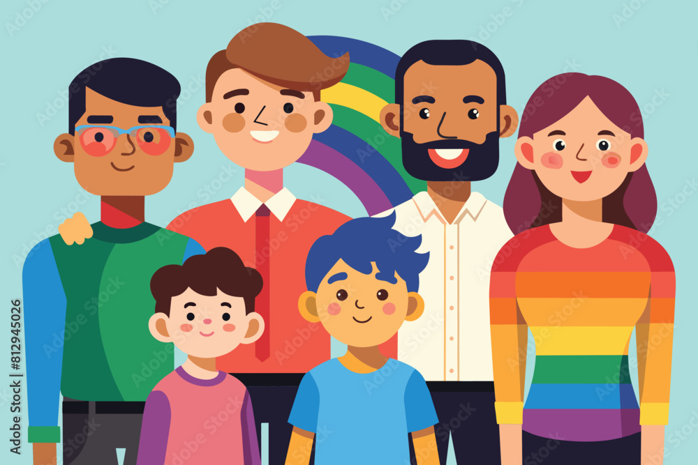 Diverse group of individuals standing side by side in a row, showcasing unity and togetherness, Lgbt family Customizable Disproportionate Illustration Diverse group of individuals standing side by side in a row, showcasing unity and togetherness, Lgbt family Customizable Disproportionate Illustration