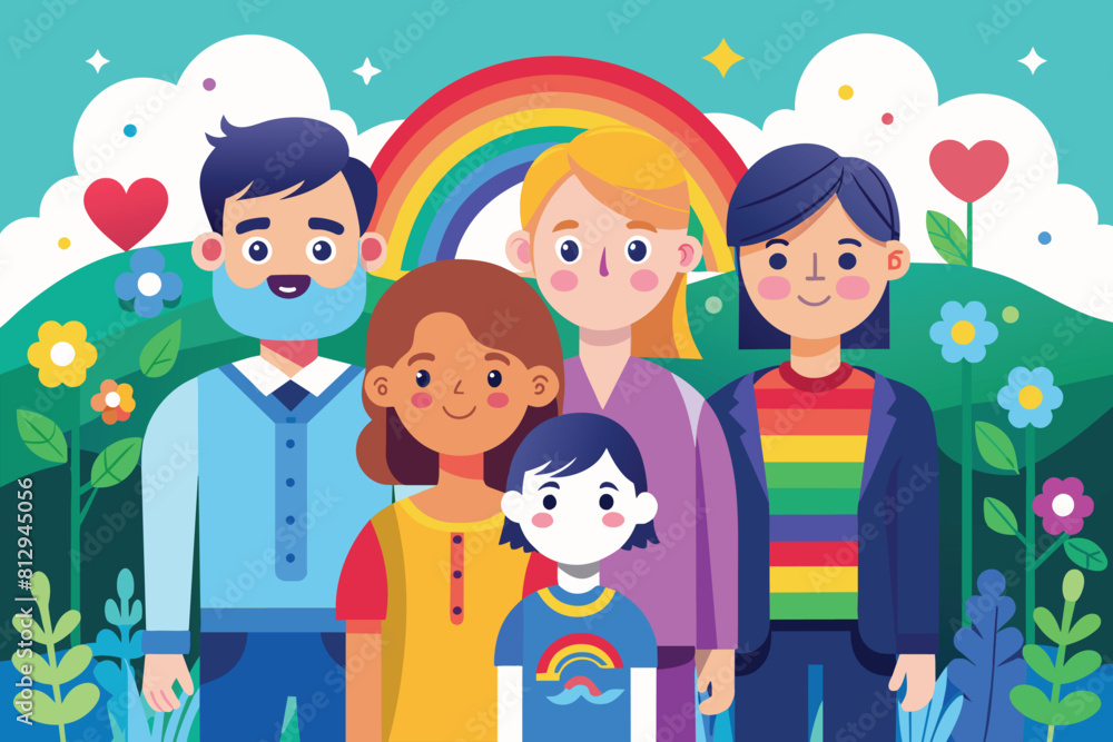 A diverse group of individuals standing in unity, showcasing inclusivity and togetherness, Lgbt family Customizable Flat Illustration A diverse group of individuals standing in unity, showcasing inclusivity and togetherness, Lgbt family Customizable Flat Illustration