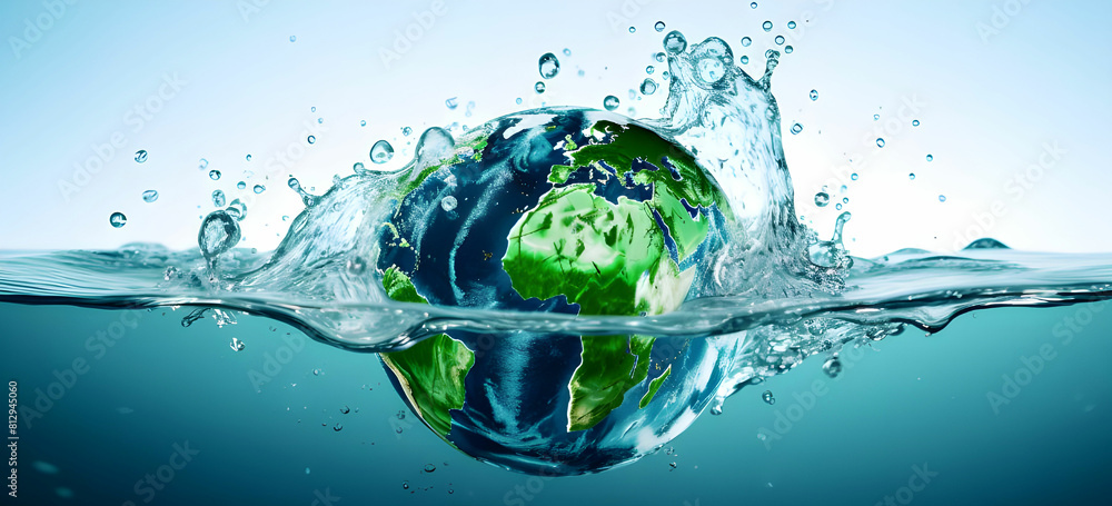 Planet earth splashing in water surface isolated on white back ground Planet earth splashing in water surface isolated on white back ground