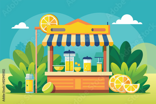 A lemonade stand with a striped awning sits prominently in a bustling market setting, Lemonade stand Customizable Semi Flat Illustration