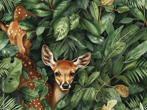 Illustrate a serene deer gazing at a hidden fox cub, camouflaged within lush foliage Use watercolor techniques to convey a peaceful yet cautious atmosphere photo