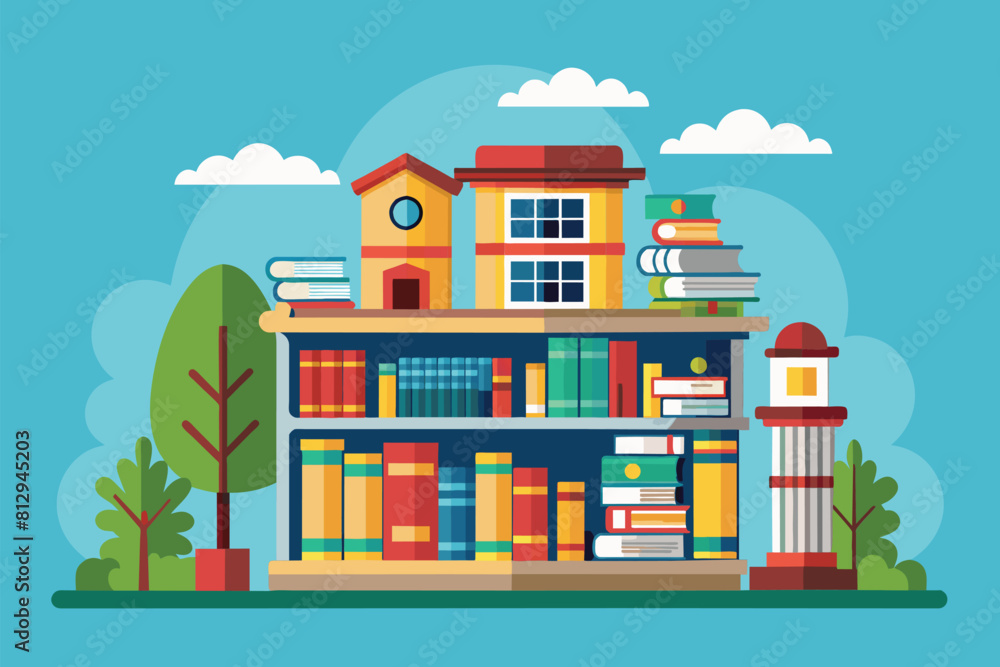 Books stacked on top of a tall building in a customizable flat illustration, Library Customizable Flat Illustration