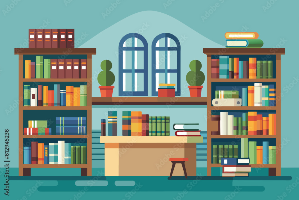 A room filled with bookshelves packed with books and a desk in the center, Library Customizable Semi Flat Illustration