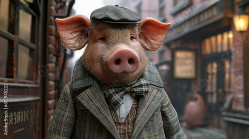 Sophisticated pig graces the urban landscape in tailored fashion, epitomizing street style. photo