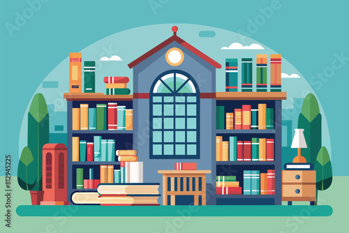 A library featuring rows of bookshelves filled with books and a large clock on the wall, Library Customizable Semi Flat Illustration