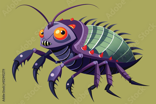 A purple bug with orange eyes stands out against a vibrant green background, Lice Customizable Disproportionate Illustration