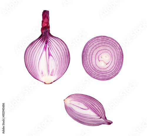 Red onion slices isolated on a white background, top view