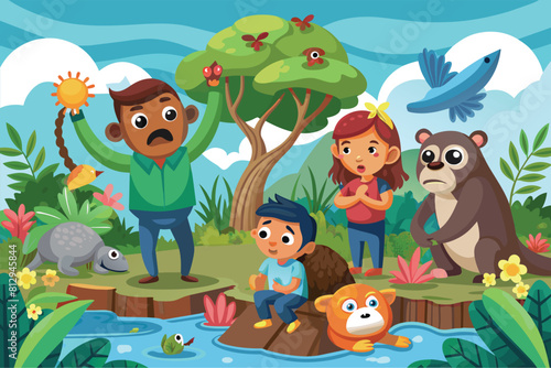 A group of individuals standing around a pond  watching various animals  Loss of biodiversity Customizable Cartoon Illustration