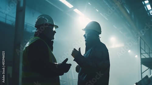 Heavy Industry Engineers walking in Steel Metal Manufacturing Factory Survey and Have a Discussion Industrial Specialist Talk to Senior male Technician inside factory construction site   Generative AI