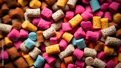 A closeup stock photo of mixed fish food pellets, with emphasis on the texture and bright colors, perfect for pet nutrition blogs