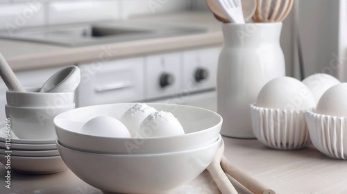 Baking backgroundKitchen utensils white colors Bowls for mixing ingredients Pancake ProductsFlour milk eggsInterior modern kitchen space in bright colorsCook at homeBanner   Generative AI