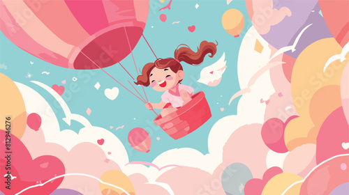 Little girl with ponytails flying in hot air balloo