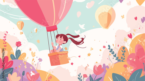 Little girl with ponytails flying in hot air balloo