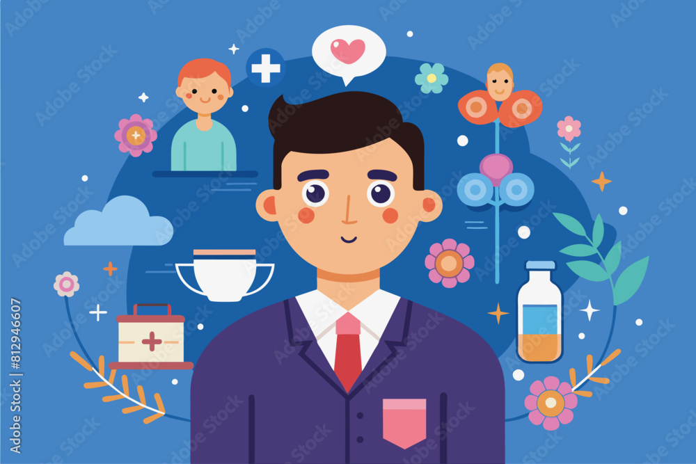 A man in a suit standing in front of a solid blue background, Man infertility Customizable Cartoon Illustration A man in a suit standing in front of a solid blue background, Man infertility Customizable Cartoon Illustration