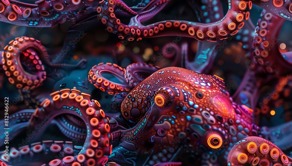 Obraz premium Bring to life the ethereal essence of a cybernetic octopus, its iridescent tentacles intertwining with mechanical gears, gliding through a bioluminescent underwater world