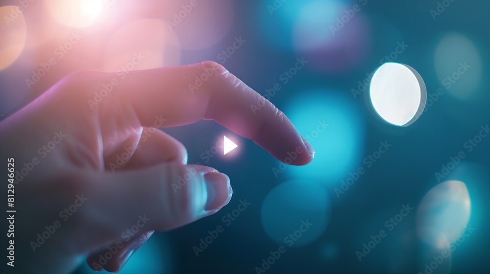 Selective focus at finger that push on press play button for start online entertainment for on demand video streaming service that online over internet which include movie or music : Generative AI
