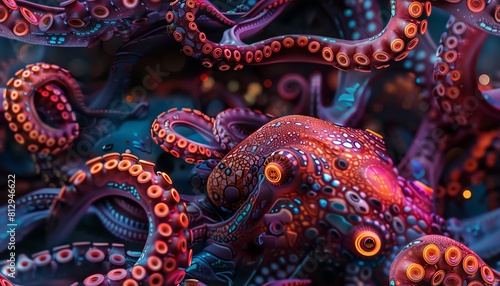 Bring to life the ethereal essence of a cybernetic octopus, its iridescent tentacles intertwining with mechanical gears, gliding through a bioluminescent underwater world