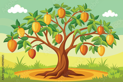 A cartoon illustration of a mango tree with ripe fruit growing on its branches, Mango tree Customizable Cartoon Illustration