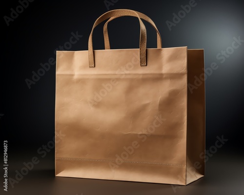 Closeup of a textured craft paper bag with a handle, crisp focus on material quality, set against a dark matte backdrop for dramatic effect