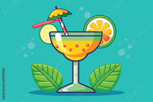 A glass of lemonade with a straw and an umbrella on a table, Margarita cocktail Customizable Cartoon Illustration