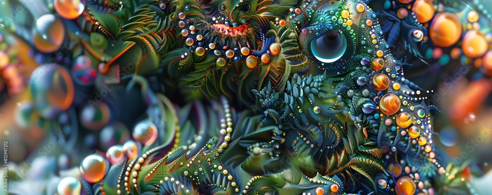 Capture an aerial view of robotic wildlife amidst a dreamlike landscape with vibrant Capture an aerial view of robotic wildlife amidst a dreamlike landscape with vibrant