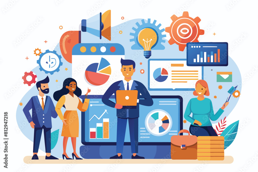 A diverse group of individuals standing around a laptop screen, engaged in a discussion or presentation, Marketing consulting Customizable Flat Illustration A diverse group of individuals standing around a laptop screen, engaged in a discussion or presentation, Marketing consulting Customizable Flat Illustration