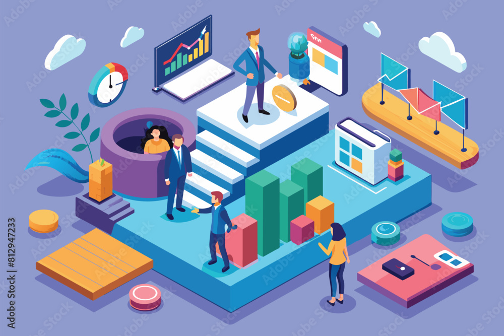 Multiple individuals standing together atop a large open book, Marketing consulting Customizable Isometric Illustration Multiple individuals standing together atop a large open book, Marketing consulting Customizable Isometric Illustration