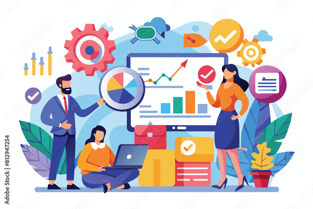 Several individuals gathered around a large screen, engaged in a discussion or presentation, Marketing consulting Customizable Semi Flat Illustration Several individuals gathered around a large screen, engaged in a discussion or presentation, Marketing consulting Customizable Semi Flat Illustration