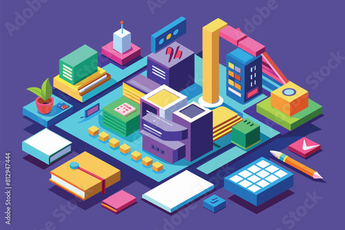 Various objects displayed together on a tabletop, showcasing a variety of shapes, sizes, and colors, Mathematics Customizable Isometric Illustration