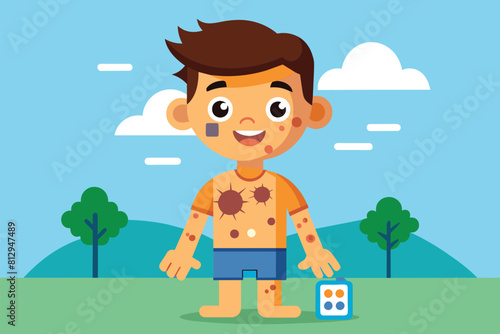 A boy with sunburns on his body is standing in a field under the sun, Melanoma Customizable Cartoon Illustration