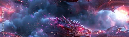 Capture the majestic Dragon, with sleek metallic scales gleaming under neon lights, as it soars above a holographic cityscape, caught in a dynamic mid-flight shot